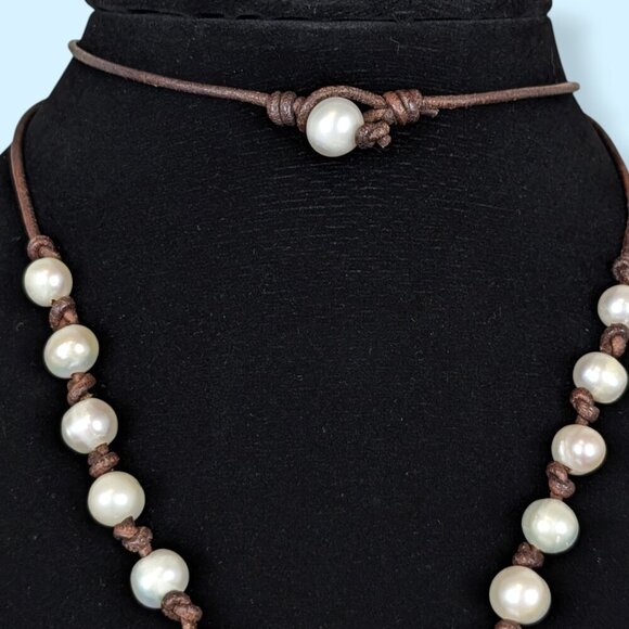 V. Freshwater Pearl & Leather Tassel Pendant Necklace - Picture 3 of 5